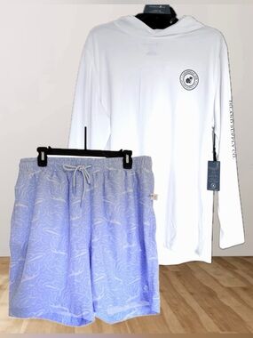 NWT Caribbean Joe L White Blue Swim Short UPF 50 Long Sleeve Hoodie T-Shirt Set